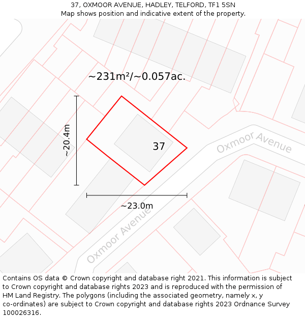 37, OXMOOR AVENUE, HADLEY, TELFORD, TF1 5SN: Plot and title map