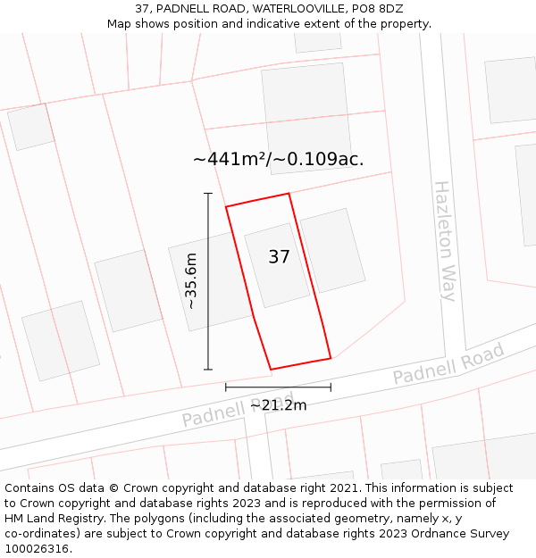 37, PADNELL ROAD, WATERLOOVILLE, PO8 8DZ: Plot and title map