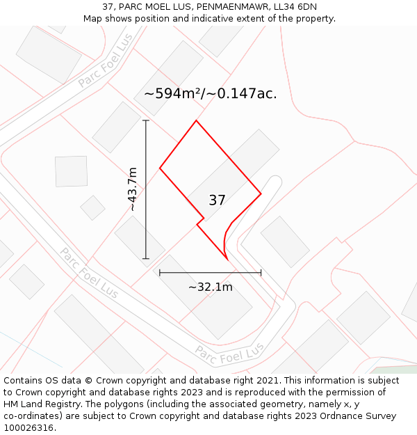 37, PARC MOEL LUS, PENMAENMAWR, LL34 6DN: Plot and title map