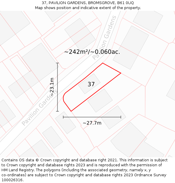 37, PAVILION GARDENS, BROMSGROVE, B61 0UQ: Plot and title map