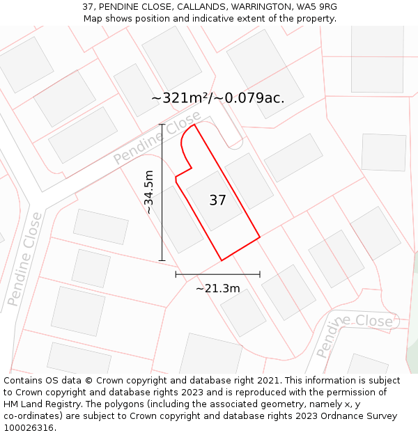 37, PENDINE CLOSE, CALLANDS, WARRINGTON, WA5 9RG: Plot and title map