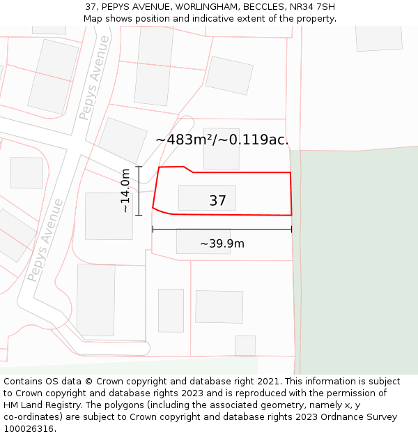 37, PEPYS AVENUE, WORLINGHAM, BECCLES, NR34 7SH: Plot and title map