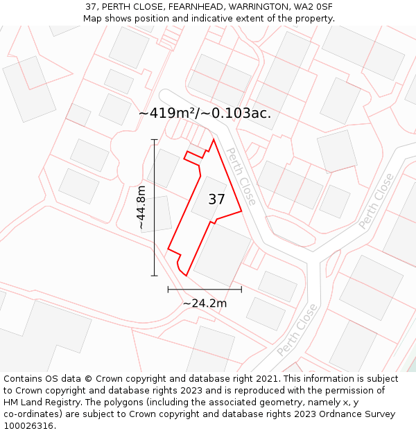 37, PERTH CLOSE, FEARNHEAD, WARRINGTON, WA2 0SF: Plot and title map