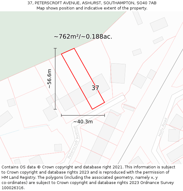 37, PETERSCROFT AVENUE, ASHURST, SOUTHAMPTON, SO40 7AB: Plot and title map