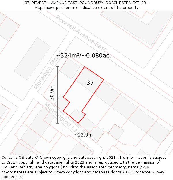 37, PEVERELL AVENUE EAST, POUNDBURY, DORCHESTER, DT1 3RH: Plot and title map