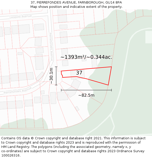 37, PIERREFONDES AVENUE, FARNBOROUGH, GU14 8PA: Plot and title map