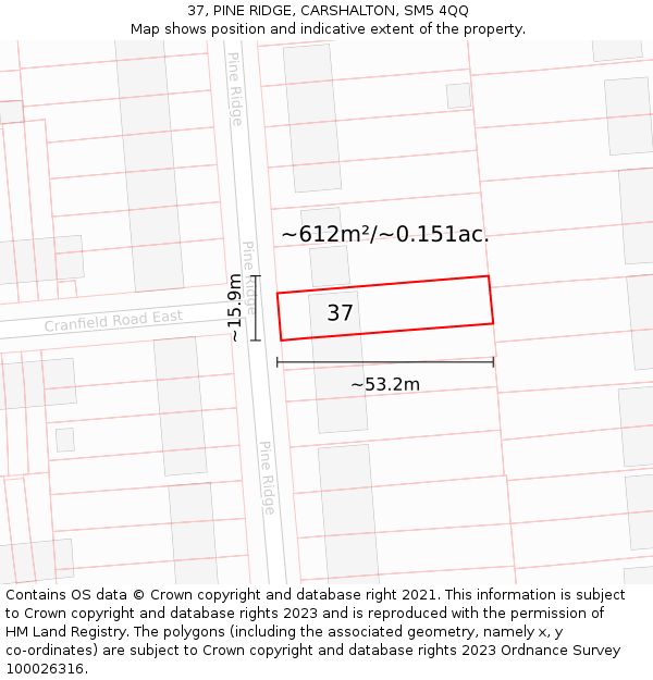 37, PINE RIDGE, CARSHALTON, SM5 4QQ: Plot and title map