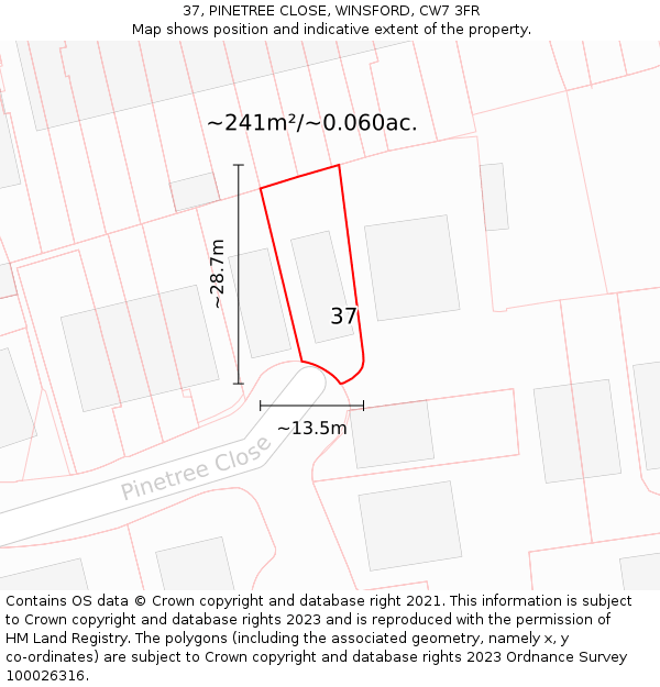 37, PINETREE CLOSE, WINSFORD, CW7 3FR: Plot and title map