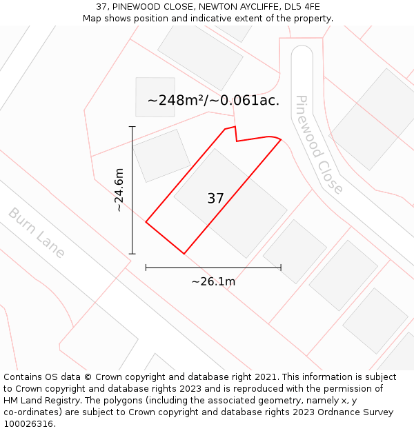 37, PINEWOOD CLOSE, NEWTON AYCLIFFE, DL5 4FE: Plot and title map