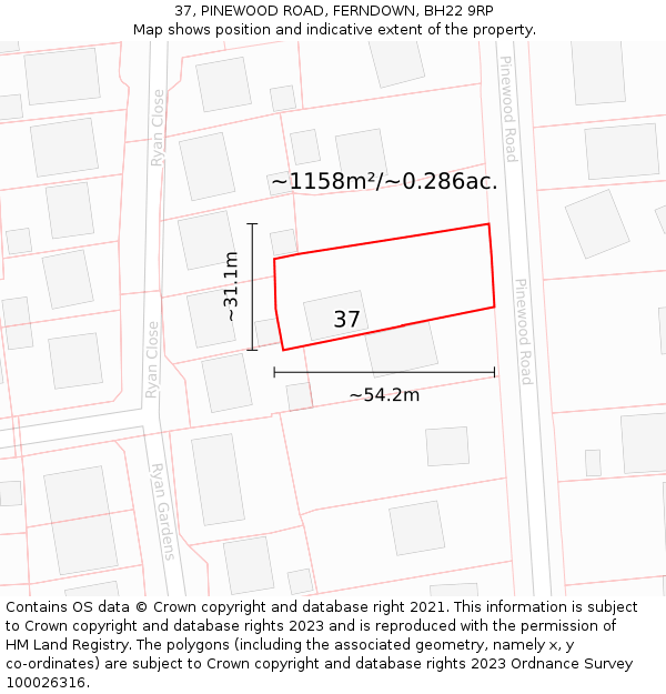 37, PINEWOOD ROAD, FERNDOWN, BH22 9RP: Plot and title map