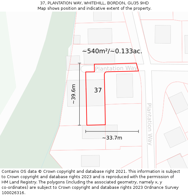 37, PLANTATION WAY, WHITEHILL, BORDON, GU35 9HD: Plot and title map