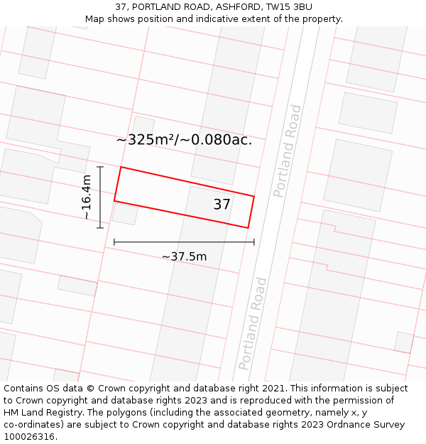 37, PORTLAND ROAD, ASHFORD, TW15 3BU: Plot and title map