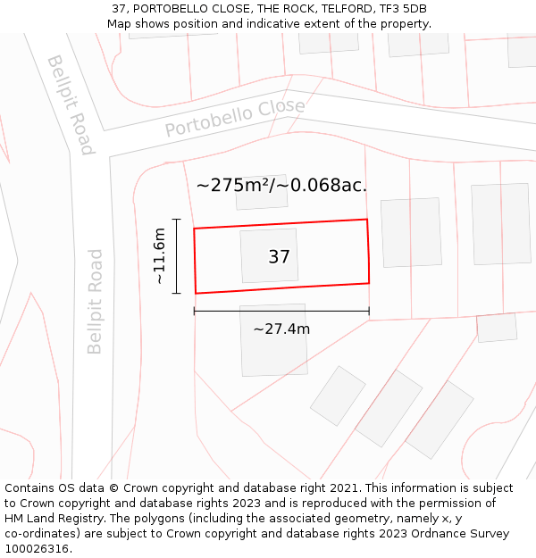 37, PORTOBELLO CLOSE, THE ROCK, TELFORD, TF3 5DB: Plot and title map