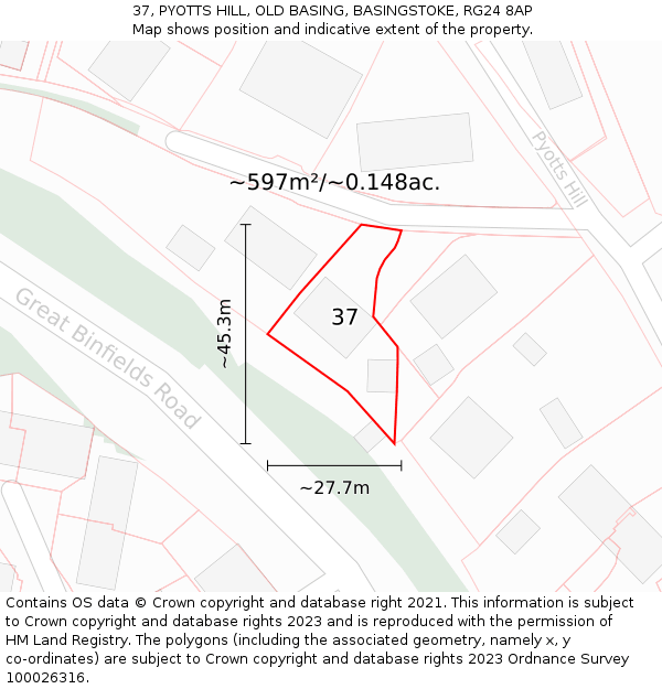 37, PYOTTS HILL, OLD BASING, BASINGSTOKE, RG24 8AP: Plot and title map