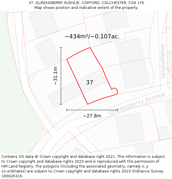 37, QUEENSBERRY AVENUE, COPFORD, COLCHESTER, CO6 1YS: Plot and title map