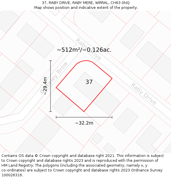 37, RABY DRIVE, RABY MERE, WIRRAL, CH63 0NQ: Plot and title map