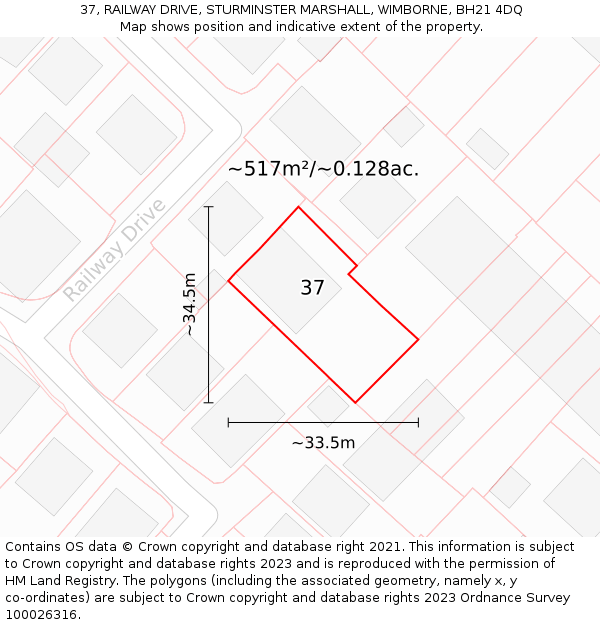 37, RAILWAY DRIVE, STURMINSTER MARSHALL, WIMBORNE, BH21 4DQ: Plot and title map