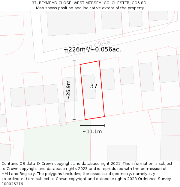 37, REYMEAD CLOSE, WEST MERSEA, COLCHESTER, CO5 8DL: Plot and title map
