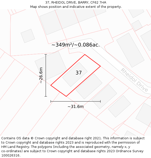 37, RHEIDOL DRIVE, BARRY, CF62 7HA: Plot and title map