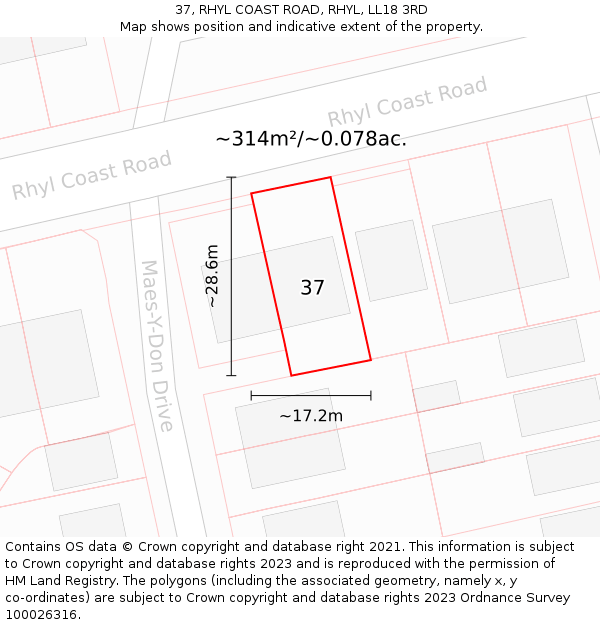 37, RHYL COAST ROAD, RHYL, LL18 3RD: Plot and title map