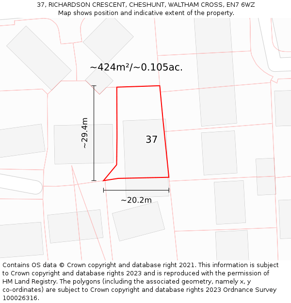 37, RICHARDSON CRESCENT, CHESHUNT, WALTHAM CROSS, EN7 6WZ: Plot and title map