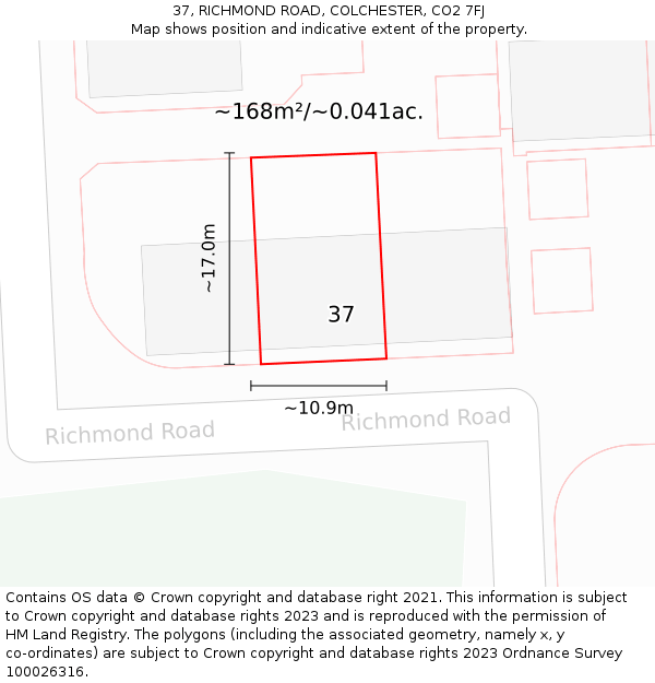 37, RICHMOND ROAD, COLCHESTER, CO2 7FJ: Plot and title map