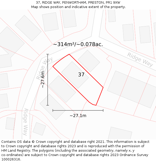 37, RIDGE WAY, PENWORTHAM, PRESTON, PR1 9XW: Plot and title map