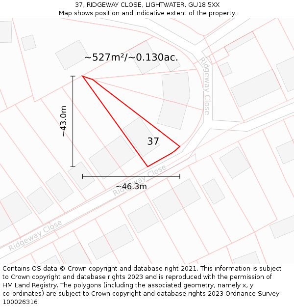 37, RIDGEWAY CLOSE, LIGHTWATER, GU18 5XX: Plot and title map