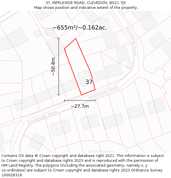 37, RIPPLESIDE ROAD, CLEVEDON, BS21 7JX: Plot and title map