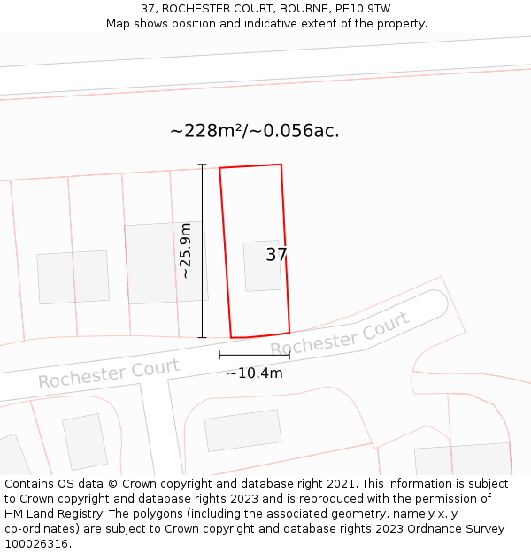 37, ROCHESTER COURT, BOURNE, PE10 9TW: Plot and title map