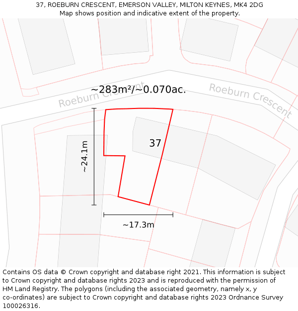 37, ROEBURN CRESCENT, EMERSON VALLEY, MILTON KEYNES, MK4 2DG: Plot and title map