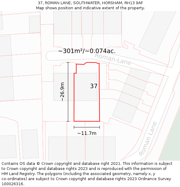 37, ROMAN LANE, SOUTHWATER, HORSHAM, RH13 9AF: Plot and title map