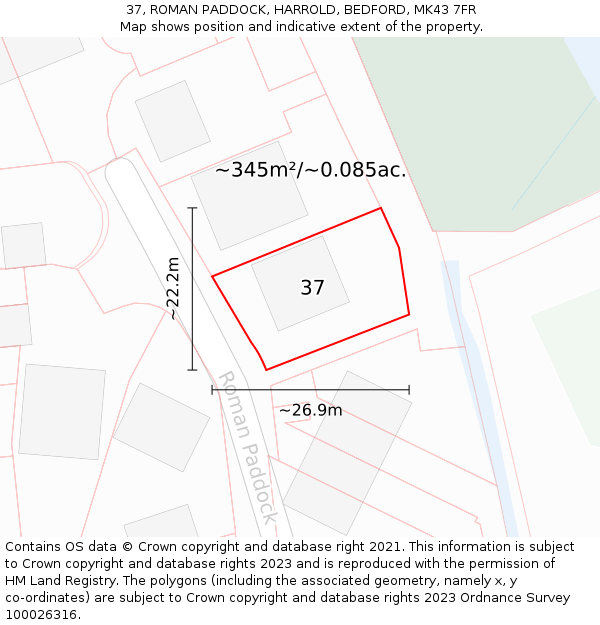 37, ROMAN PADDOCK, HARROLD, BEDFORD, MK43 7FR: Plot and title map