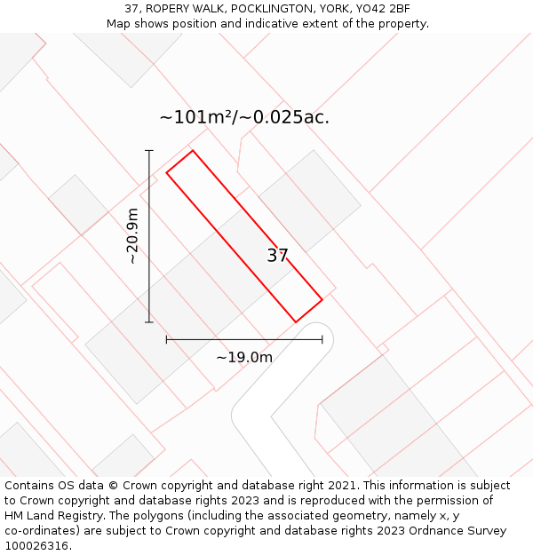 37, ROPERY WALK, POCKLINGTON, YORK, YO42 2BF: Plot and title map