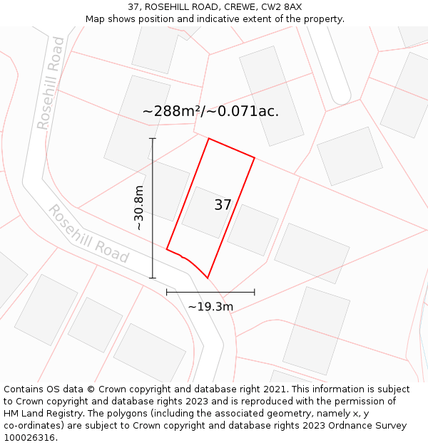 37, ROSEHILL ROAD, CREWE, CW2 8AX: Plot and title map