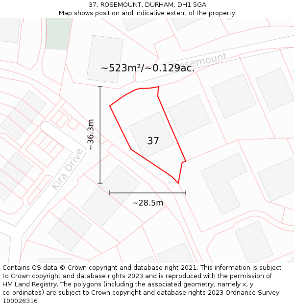 37, ROSEMOUNT, DURHAM, DH1 5GA: Plot and title map