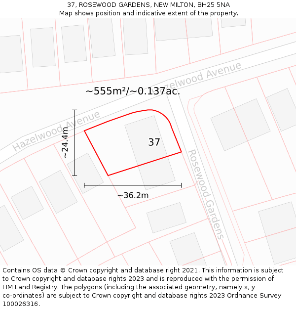 37, ROSEWOOD GARDENS, NEW MILTON, BH25 5NA: Plot and title map