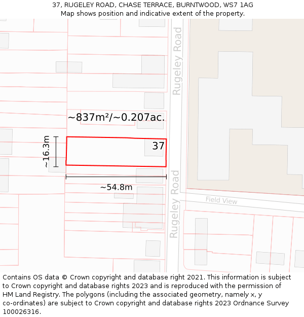 37, RUGELEY ROAD, CHASE TERRACE, BURNTWOOD, WS7 1AG: Plot and title map