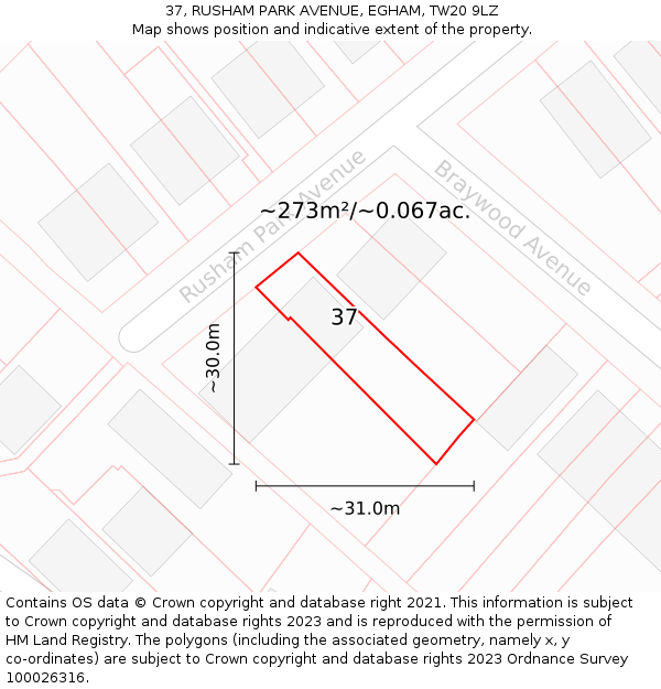 37, RUSHAM PARK AVENUE, EGHAM, TW20 9LZ: Plot and title map