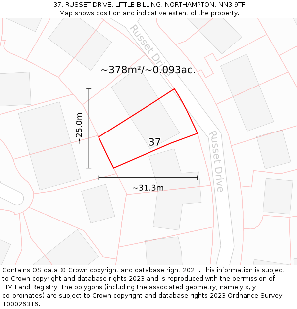 37, RUSSET DRIVE, LITTLE BILLING, NORTHAMPTON, NN3 9TF: Plot and title map