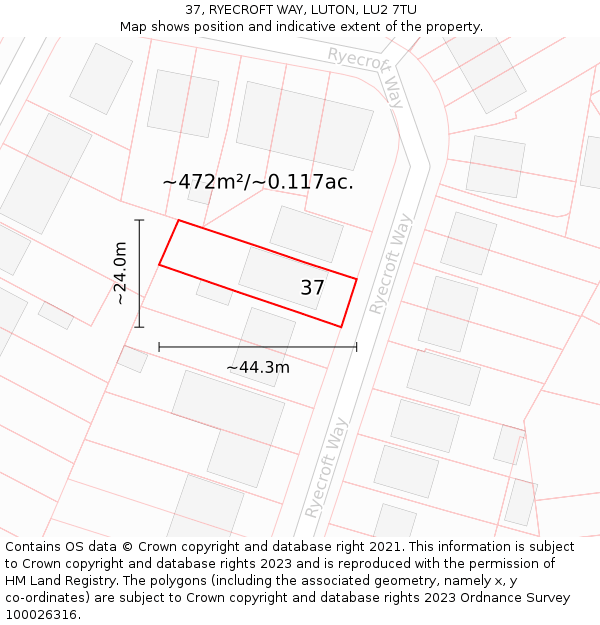 37, RYECROFT WAY, LUTON, LU2 7TU: Plot and title map