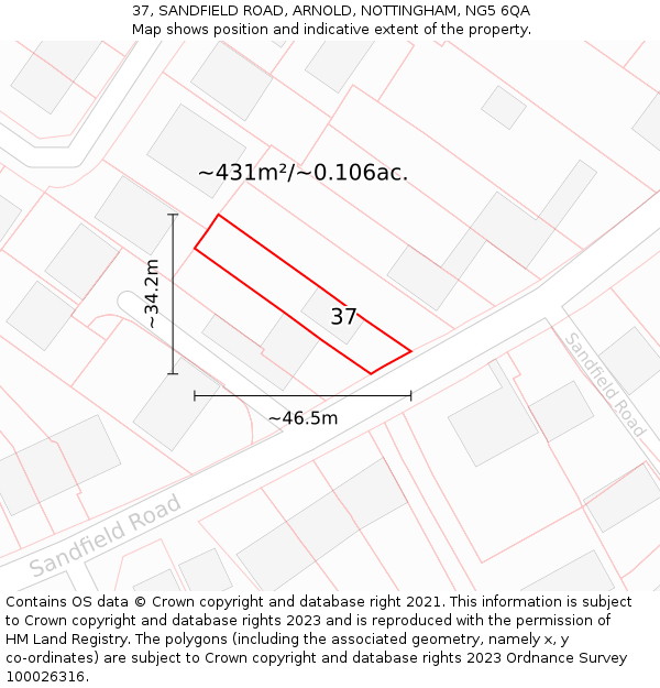 37, SANDFIELD ROAD, ARNOLD, NOTTINGHAM, NG5 6QA: Plot and title map