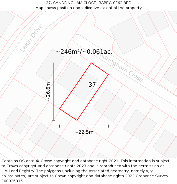 37, SANDRINGHAM CLOSE, BARRY, CF62 8BD: Plot and title map