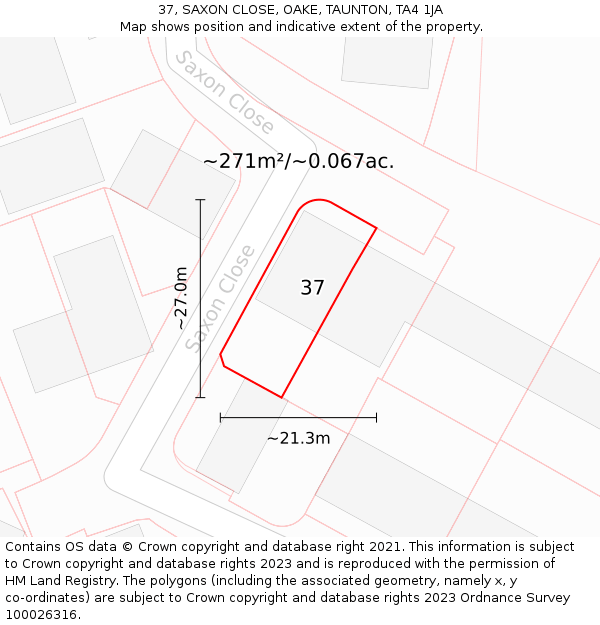 37, SAXON CLOSE, OAKE, TAUNTON, TA4 1JA: Plot and title map