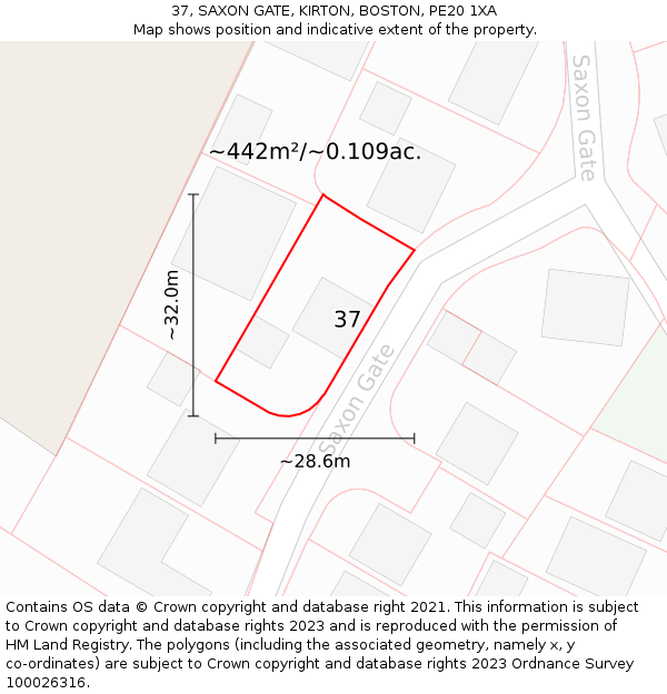 37, SAXON GATE, KIRTON, BOSTON, PE20 1XA: Plot and title map