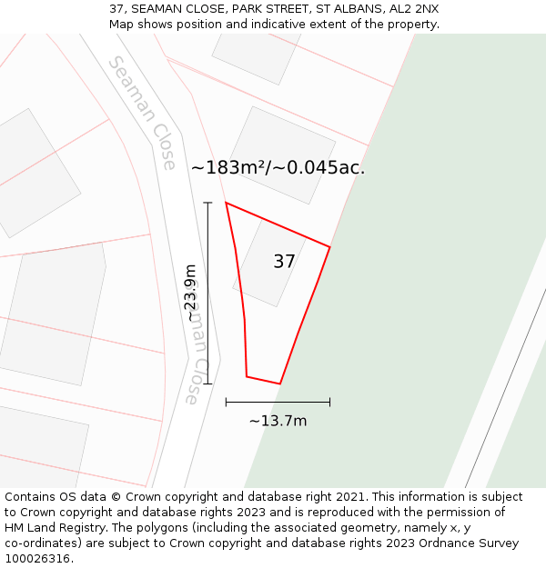 37, SEAMAN CLOSE, PARK STREET, ST ALBANS, AL2 2NX: Plot and title map