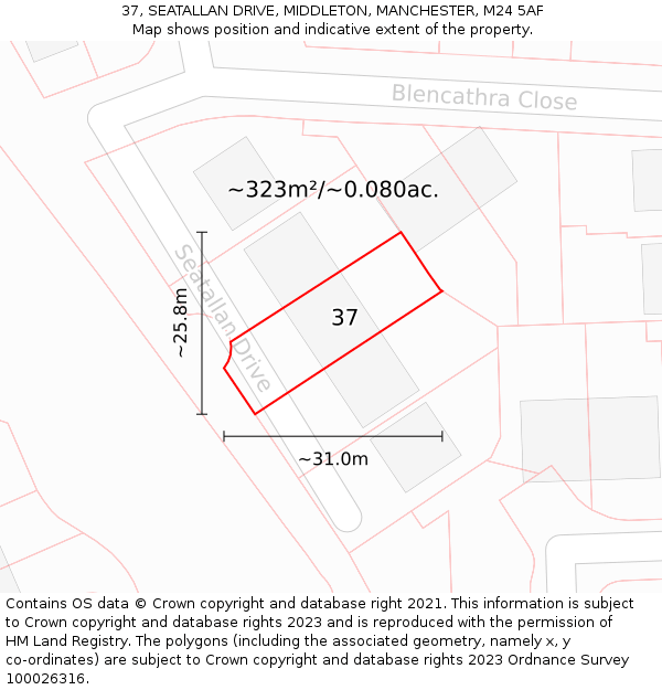 37, SEATALLAN DRIVE, MIDDLETON, MANCHESTER, M24 5AF: Plot and title map