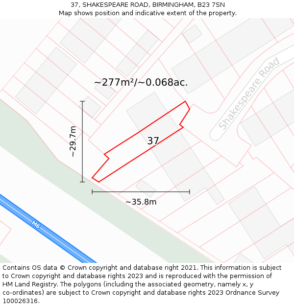 37, SHAKESPEARE ROAD, BIRMINGHAM, B23 7SN: Plot and title map