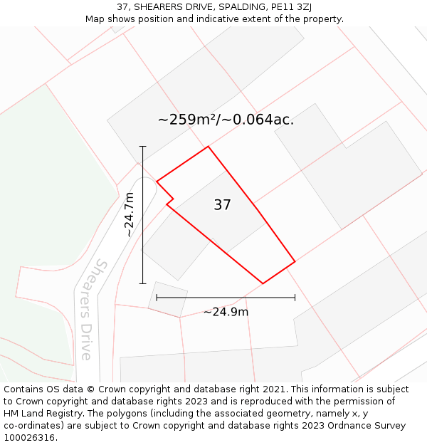 37, SHEARERS DRIVE, SPALDING, PE11 3ZJ: Plot and title map