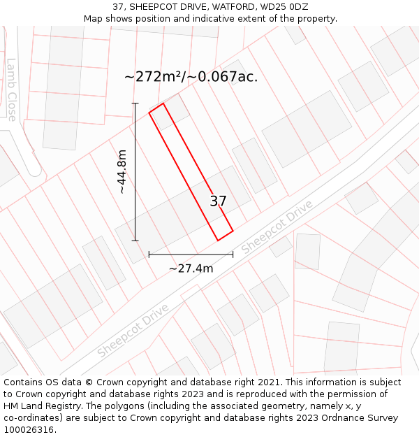 37, SHEEPCOT DRIVE, WATFORD, WD25 0DZ: Plot and title map